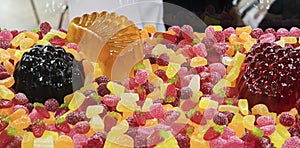 Juicy colorful jelly sweets with frutis flavor closeup