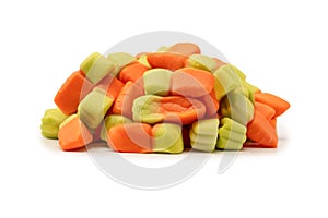 Juicy colorful jelly sweets isolated on white. Jelly carrots