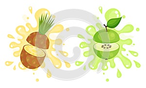 Juicy Cut Fruits with Pulpy Splashes and Blots Vector Set