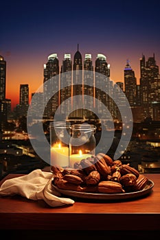 Juicy dates in a bowl on wooden table with urban background