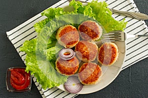 Juicy delicious coated with breadcrumbs and fried chicken cutlets on white plate with spices and cetchup on dark background, view