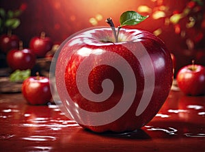 Juicy, delicious looking crisp red apple on red background with selective focus