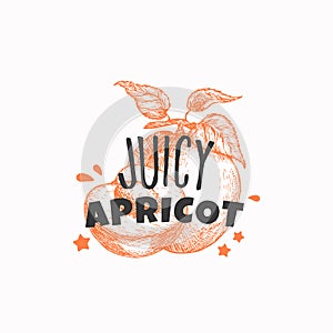 Juicy Fresh Apricots Badge, Label or Logo Template. Hand Drawn Fruit Sketch with Playful Typography. Premium Sweet Food