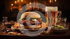 Juicy fresh burger with fries, sauces and a glass of fresh light beer on a wooden table in a cozy restaurant.