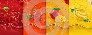 Juicy and fresh fruit. Cherry, strawberry, mango, banana. Dew drops and splash. 3d vector set. High quality 50mb eps