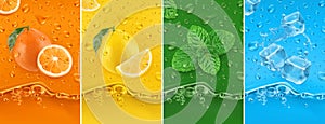 Juicy and fresh fruit. Orange, Lemon, mint, ice water. Dew drops and splash. 3d vector set. High quality 50Mb eps