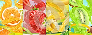 Juicy and fresh fruit. Orange, strawberry, banana, kiwi. Juice splash. 3d vector set