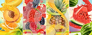 Juicy and fresh fruit. Peach, strawberry, raspberry, pineapple, watermelon. Juice splash. 3d vector realistic set