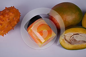 Juicy fresh fruit tropical mango super food organic nutrition healthy lifestyle  jar with jam dessert sugar free diet or cosmetic