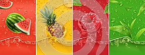 Juicy and fresh fruit. Watermelon, pineapple, raspberry, tea. Dew drops and splash. 3d vector realistic set