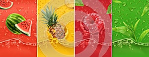 Juicy and fresh fruit. Watermelon, pineapple, raspberry, tea. Dew drops and splash. 3d vector realistic set photo