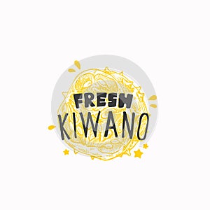 Juicy Fresh Kiwano Badge, Label or Logo Template. Hand Drawn Fruit Sketch with Playful Typography. Premium Exotic Food