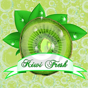 Juicy fresh kiwi with leaves, drops and ribbon.
