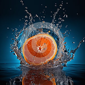 juicy fresh orange fruit dropping into water with splash