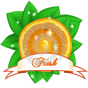 Juicy fresh orange with leaves, drops and ribbon on white backg