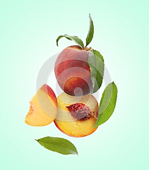 Juicy fresh peaches with green leaves falling on light turquoise background