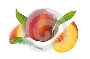 Juicy fresh peaches with green leaves falling on white