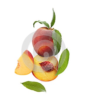Juicy fresh peaches with green leaves falling on white