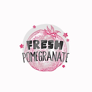 Juicy Fresh Pomegranate Badge, Label or Logo Template. Hand Drawn Fruit Sketch with Playful Typography. Premium Exotic