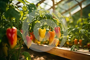 Juicy, fresh, ripe red, yellow and orange peppers hanging on the eyelids in the greenhouse in the sunlight