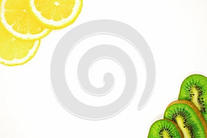 Juicy fruit close-up, healthy foods, diet ingredients, kiwi slices near lemon