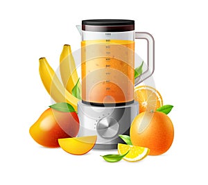 Juicy fruit. Household blender and ripe mangoes or oranges. Kitchen equipment for blending banana and citrus fresh drink