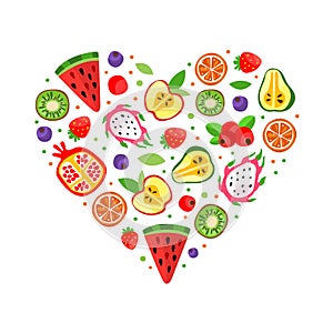Juicy Fruit with Ripe Bright and Sweet Garden Food Vector Heart Shaped Arrangement