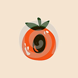 Juicy fruit sketch risograph. Abstract natural peach apricot nectarine slice linocut print effect. Vector illustration