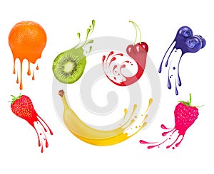 Juicy fruits and berries with splashes and drops of paint