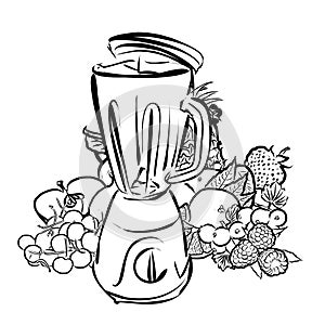 Juicy fruits and juicer. Black and white illustration