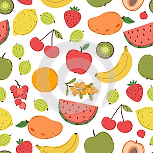 Juicy fruits pattern. Bright fruit texture, berries mix print. Fresh trendy vitamin background, summer tropical food