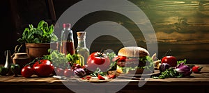 Juicy gourmet burger with crisp fresh salad and refreshing pint of beer on a light background