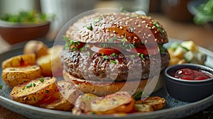 Juicy Gourmet Burger with Sesame Bun, Fresh Tomatoes, and Arugula, Served with Seasoned Potato Wedges