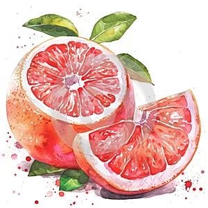 A juicy grapefruit half in watercolor, with a perfect balance of pink and red hues