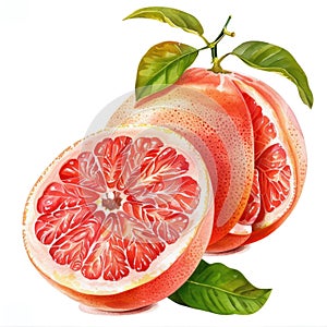 A juicy grapefruit half in watercolor, with a perfect balance of pink and red hues