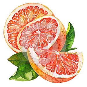 A juicy grapefruit half in watercolor, with a perfect balance of pink and red hues