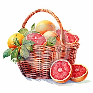 Juicy Grapefruits In Wicker Basket - Watercolor Illustrations photo