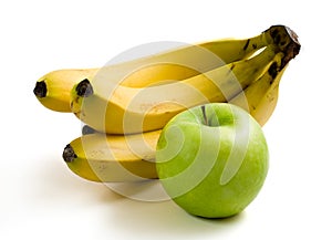 Juicy green apple and ripe yellow bananas