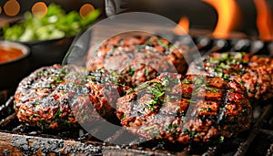 Juicy Grilled Beef Burgers with Fresh Herbs and Spices on a Barbecue Grill with Flames in the Background