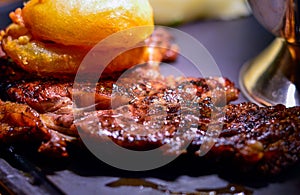 Juicy Grilled Beef Steak with Fried Onion