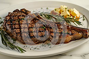 Juicy Grilled Bone in Ribeye Steak with Herb Garnish and Buttered Potatoes on Elegant White Plate