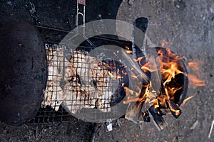 Juicy grilled chicken meat. The meat is cooked on a hot charcoal barbecue grill, fire and sparks from below. Dish for a grilled