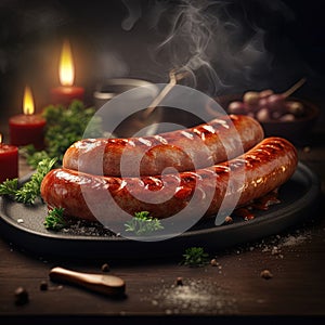 Juicy grilled sausage on a dark background, smoky flavor and mouth-watering aroma. Perfect for any BBQ poster. Generative ai