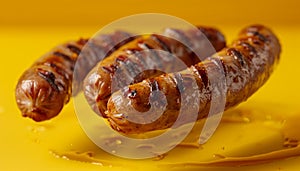 Juicy Grilled Sausages on a Vibrant Yellow Background Delicious Barbecue Closeup, Gourmet Meat Concept