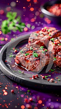 Juicy Grilled Steak Garnished with Fresh Herbs and Spices on Dark Background, Culinary Gourmet Meal Concept