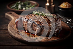 juicy grilled steak with herbs and spices on rustic cutting board. Barbecue. AI generated