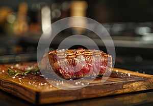 Juicy grilled steak on a wooden cutting board