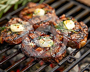 Juicy Grilled Steaks with Herb Butter on Barbecue Grill, Outdoor Cookout Meal, Summer BBQ Food photo