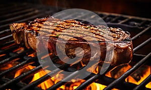 Juicy Grilled T-Bone Steak Cooking over Charcoal Grill Flames Perfectly Seared with Grill Marks