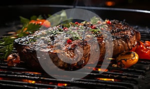 Juicy Grilled T-Bone Steak Cooking over Charcoal Grill Flames Perfectly Seared with Grill Marks